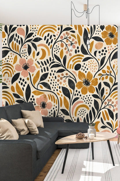 Pattern repeat showing mix of floral and arch motifs in ochre and black