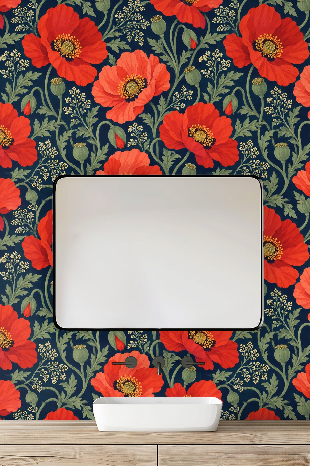 Horizontal view of living room wall with large floral pattern in red and green hues, paired with blush pink and cream furnishings.