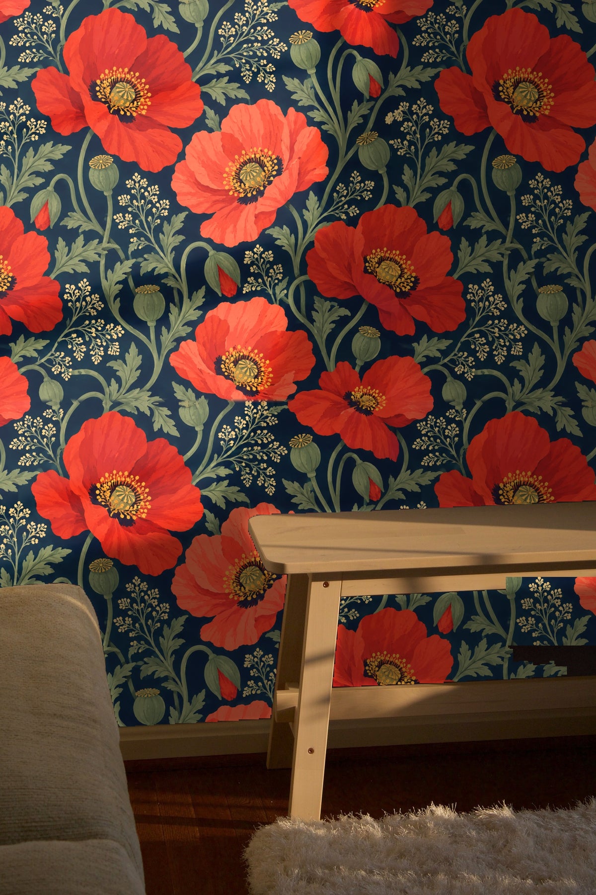Wallpaper sample showing full bloom and poppy seed capsules in an elegant repeating design.