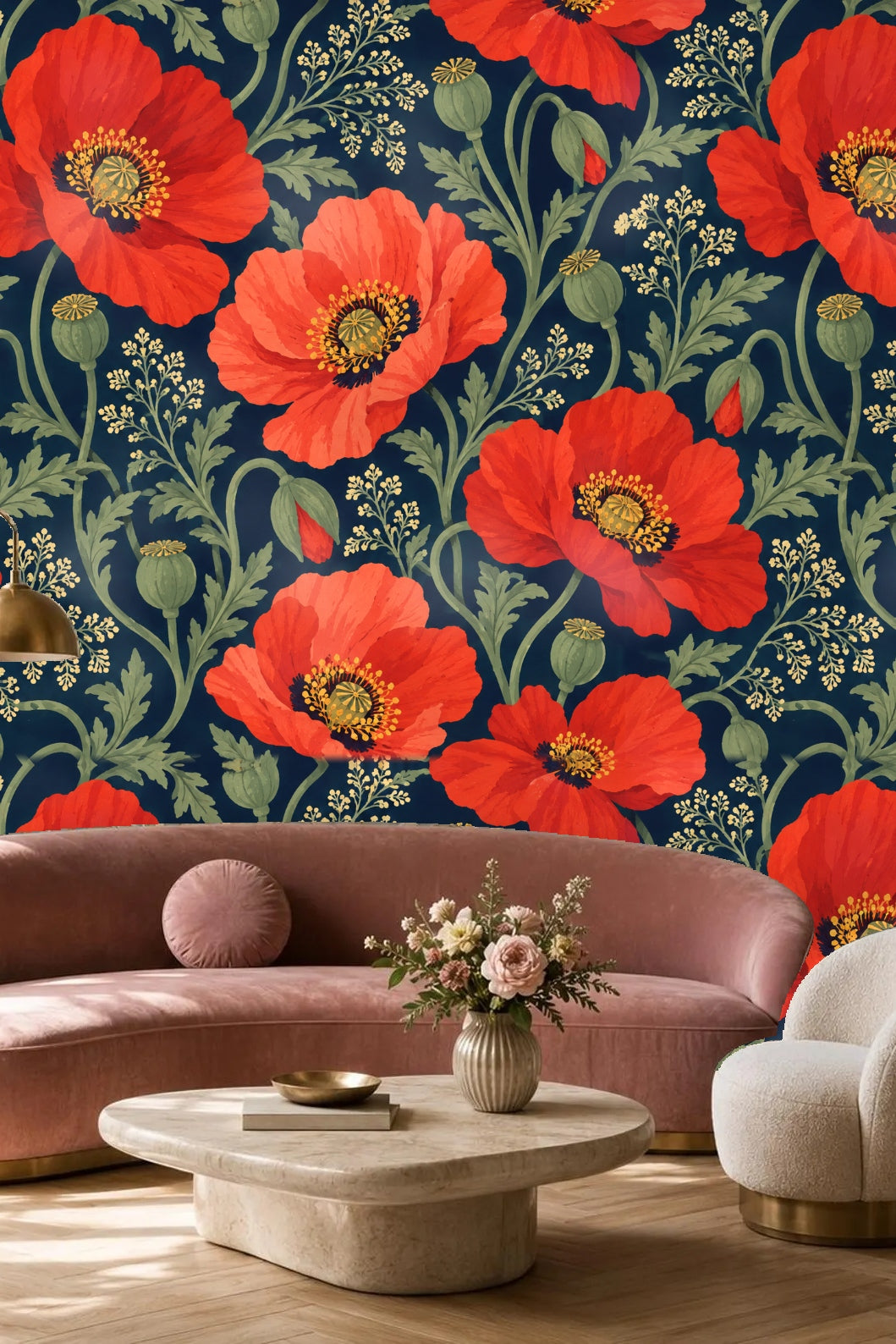 Bedroom featuring large-scale red poppy wallpaper with soft neutral decor and wood furniture.