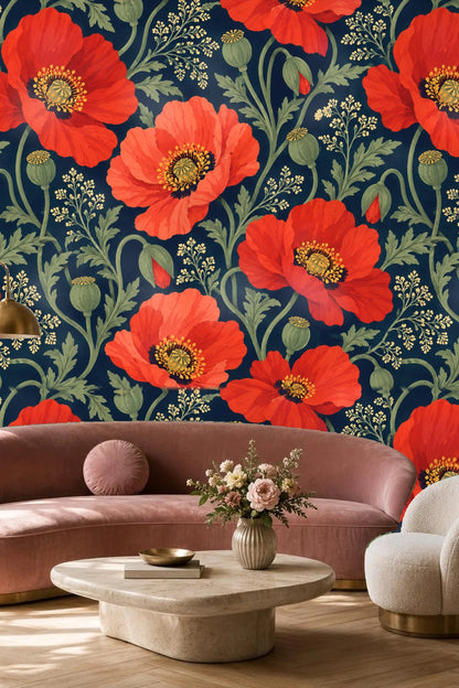 Bedroom featuring large-scale red poppy wallpaper with soft neutral decor and wood furniture.