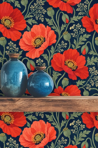 Corner shot of bedroom featuring red poppy wallpaper with hanging paper lantern and woven bedside table.