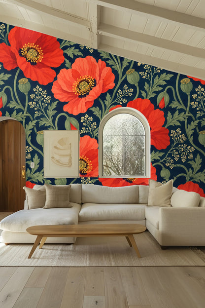 Side perspective of bedroom spotlighting wallpaper as a dominant art feature behind the bed.