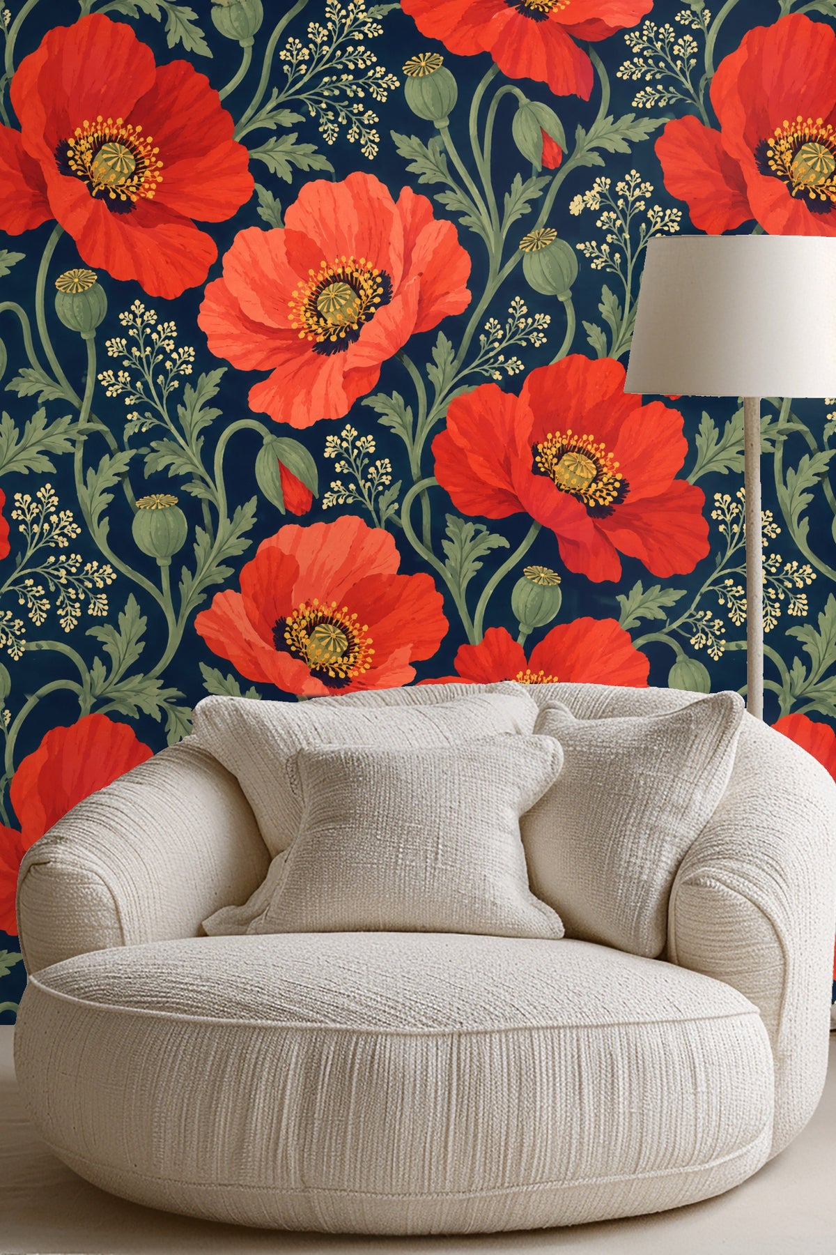 Angle showing the interplay of bold poppy blooms and delicate cream sprigs in wallpaper design.