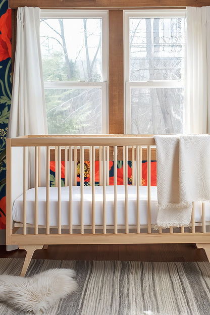 Sleep space with cozy textiles complementing the floral wallpaper’s vivid reds and deep blue base.
