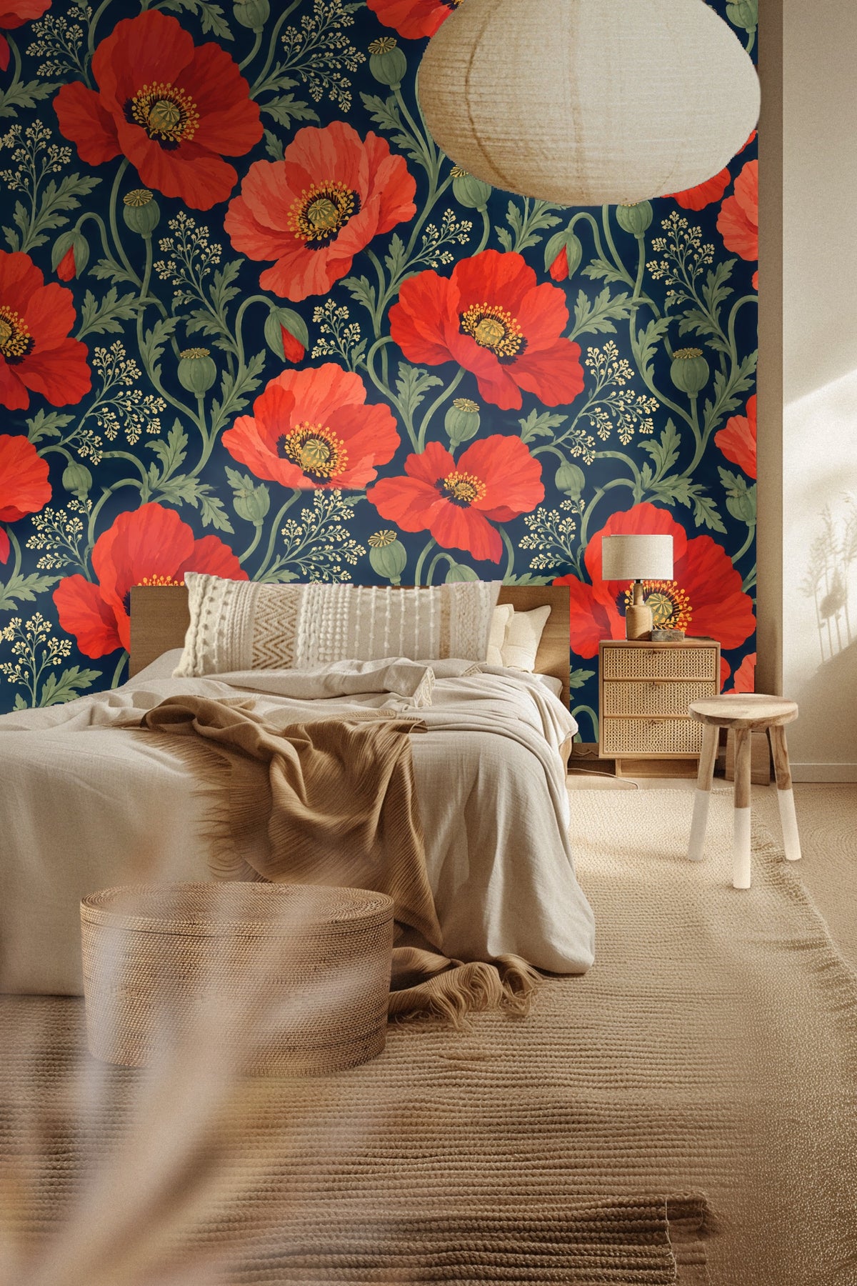 Detailed close-up of vibrant red poppies and green leaves on a dark navy background wallpaper.