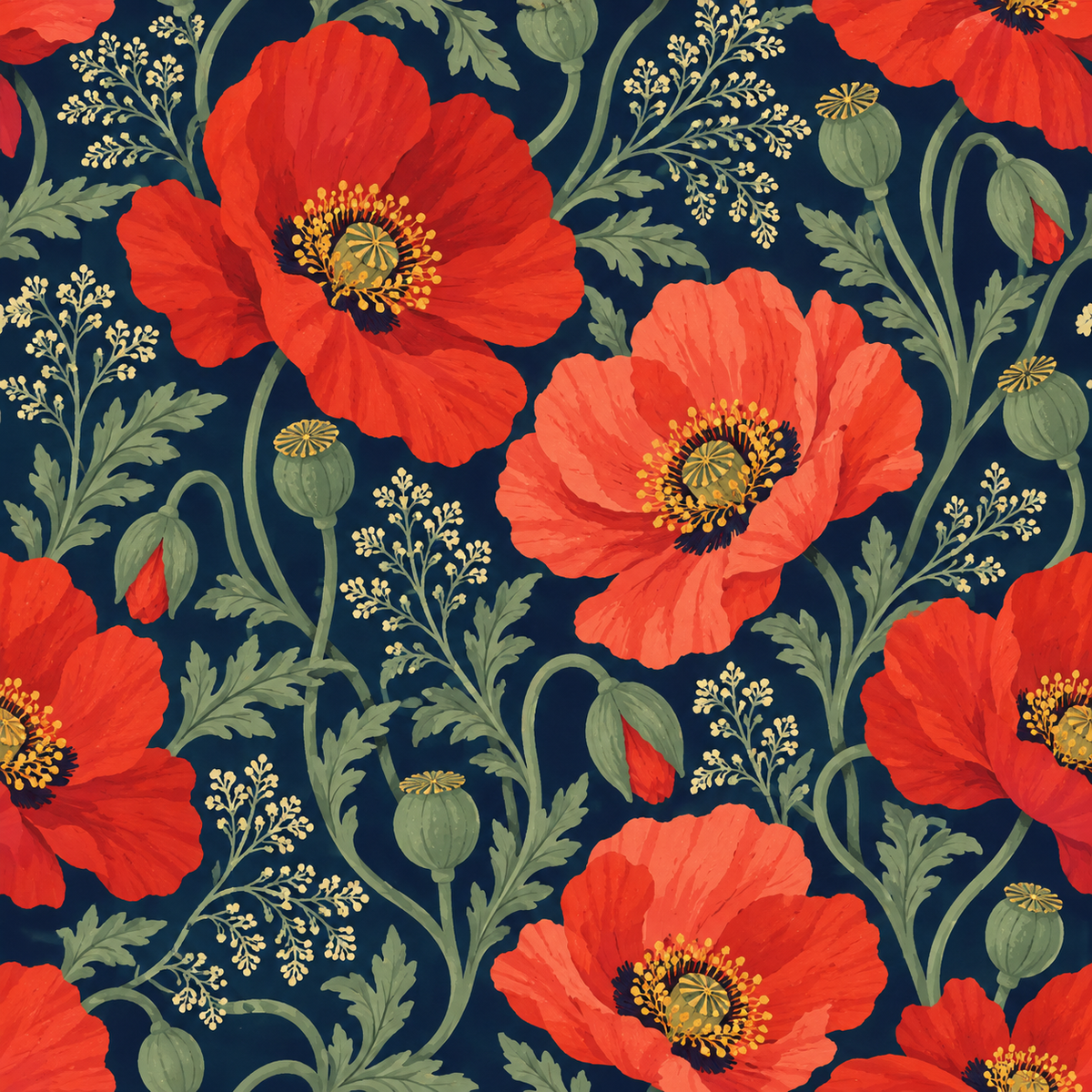 Wide view of living room wall showcasing poppy wallpaper as a sophisticated, vibrant backdrop.