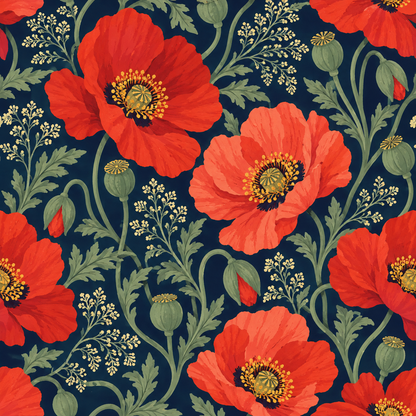 Wide view of living room wall showcasing poppy wallpaper as a sophisticated, vibrant backdrop.