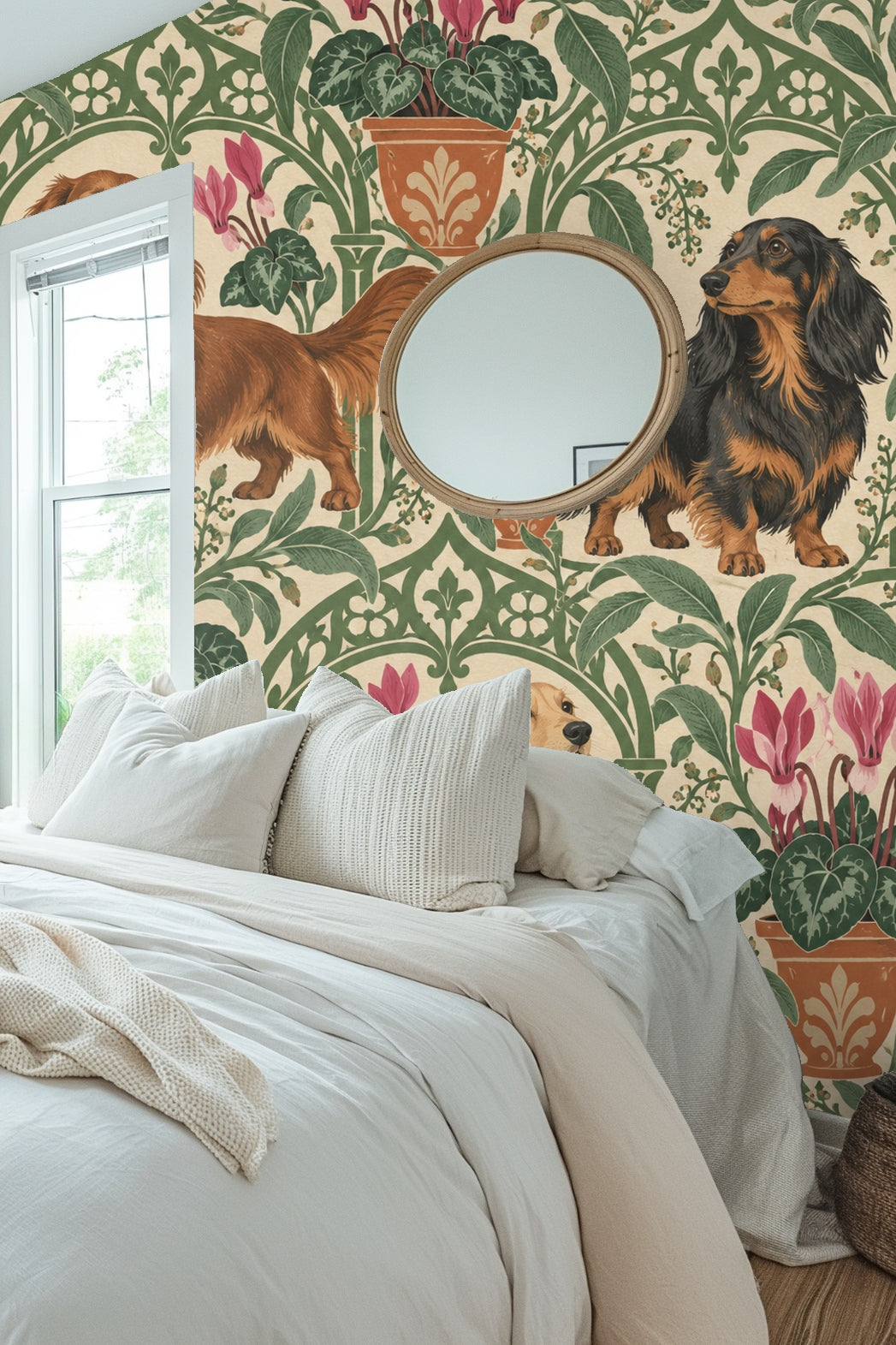 Three dachshund dogs in varied fur colors posed within wallpaper design