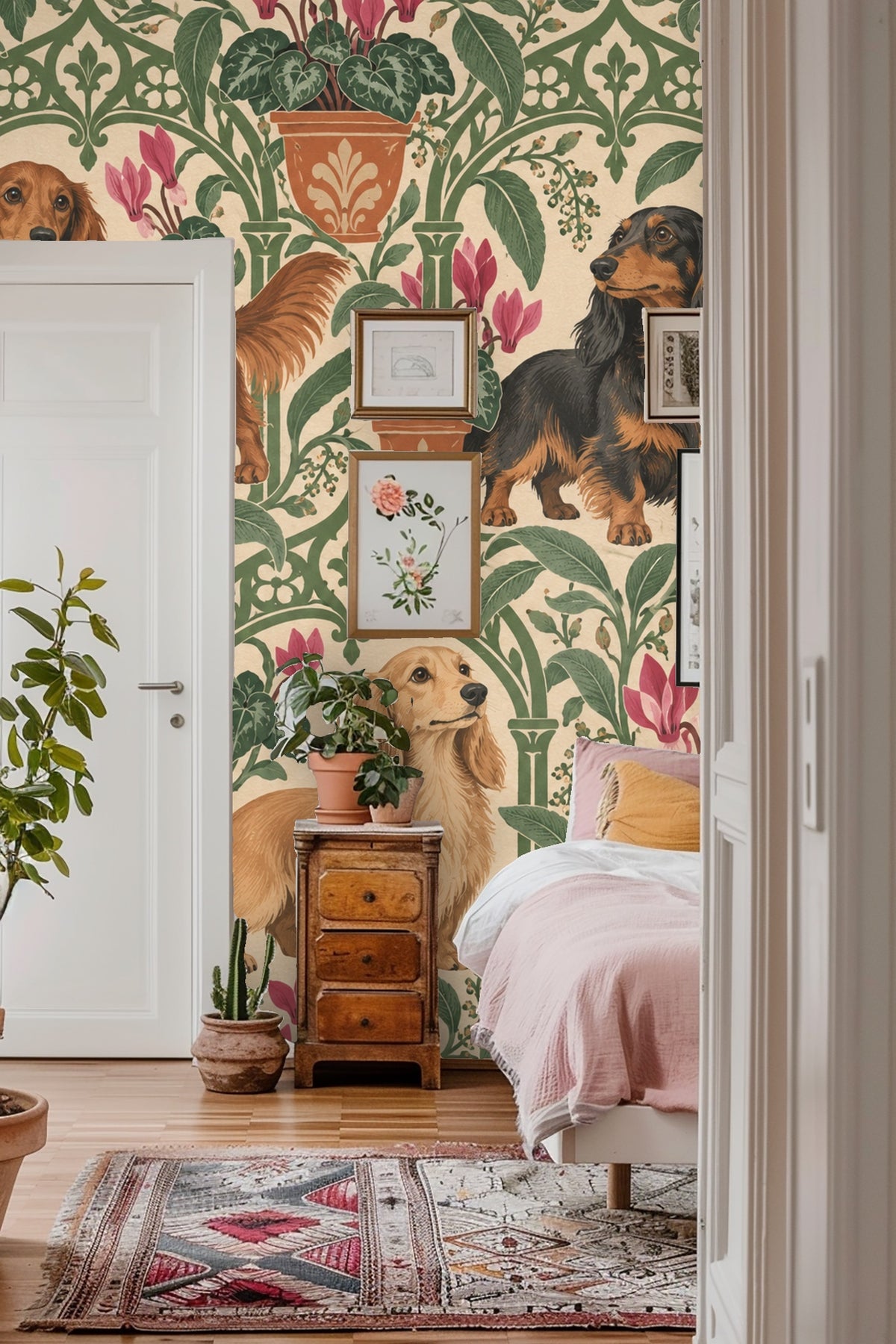 Close-up detail of dachshund illustration in wallpaper