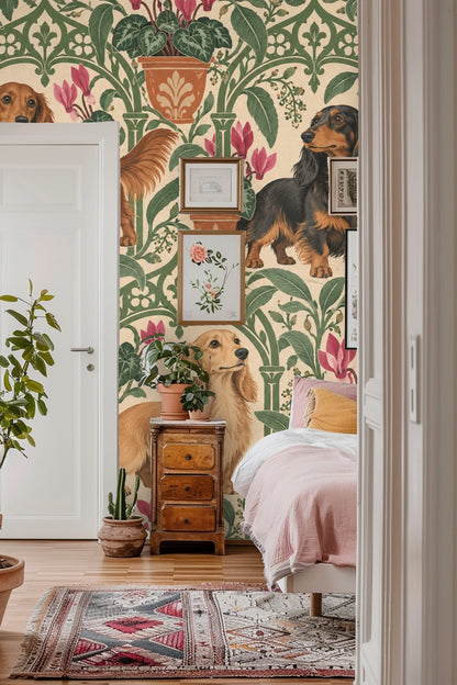 Close-up detail of dachshund illustration in wallpaper