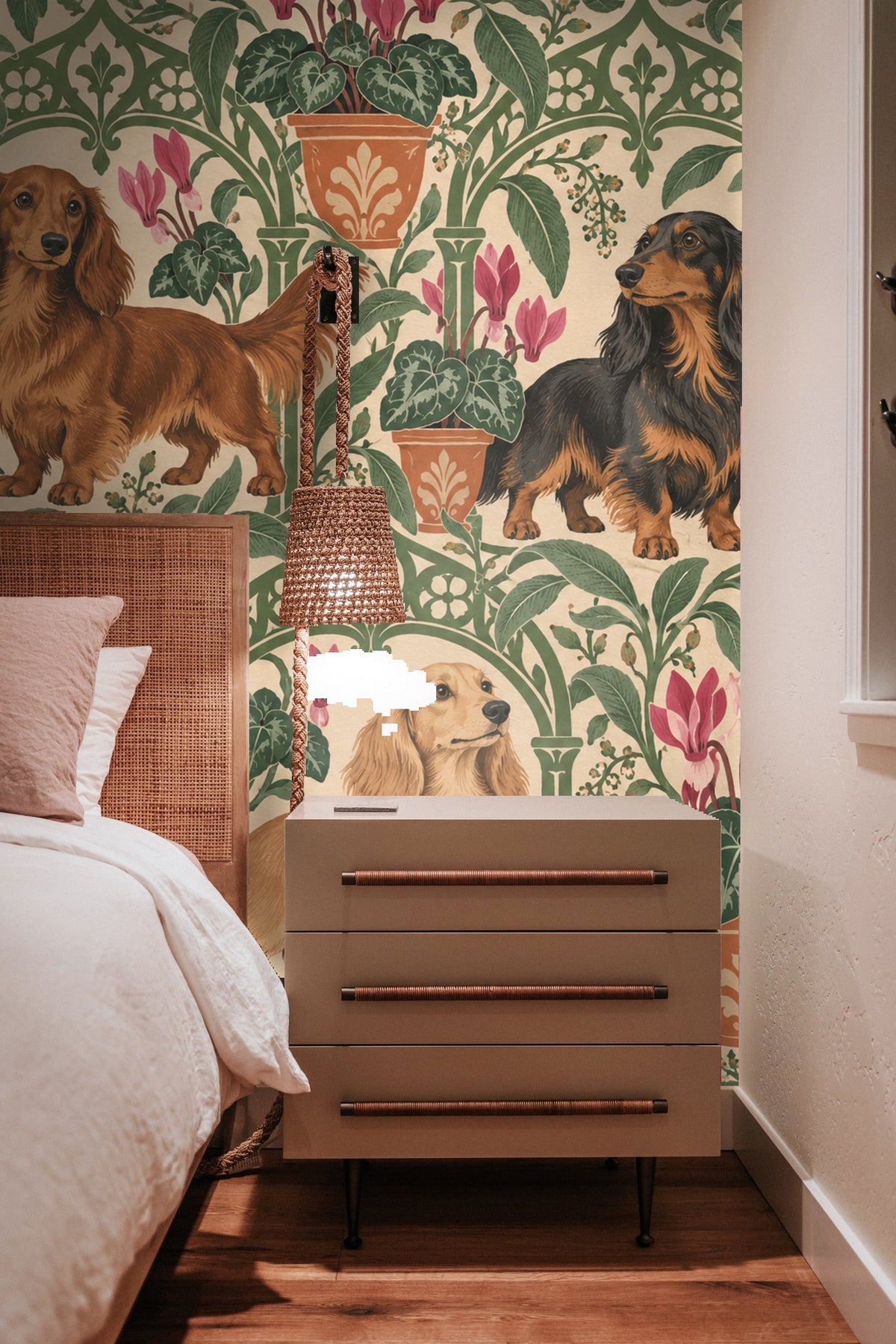 Terracotta plant pots with green leaves and cyclamen flowers in wallpaper