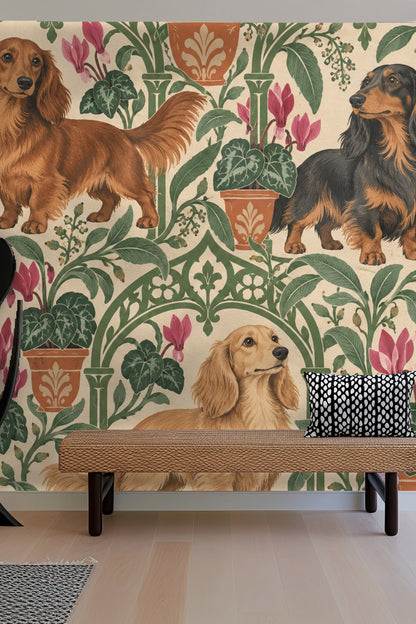 Living room with sofa and green ottoman showcasing Dachshund Arches wallpaper pattern