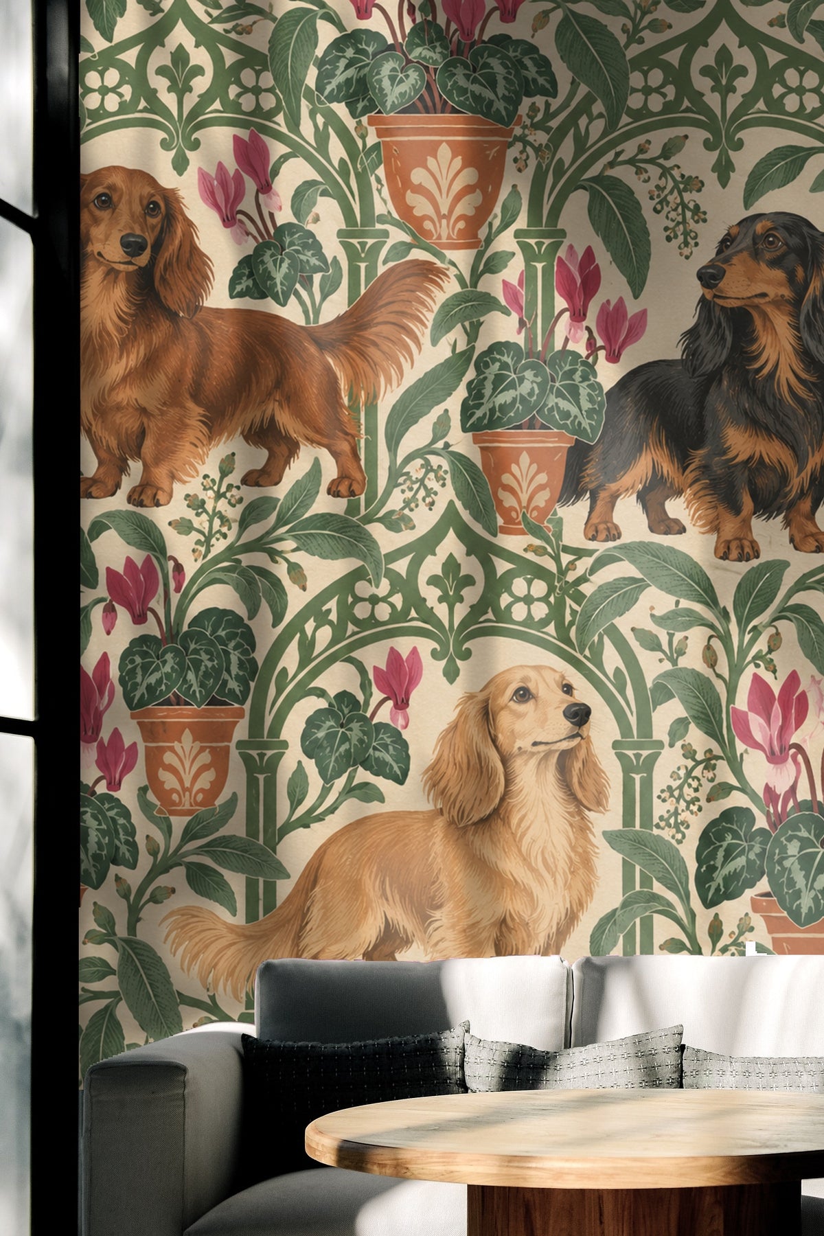 Wallpaper pattern detail showing leafy vines and floral elements