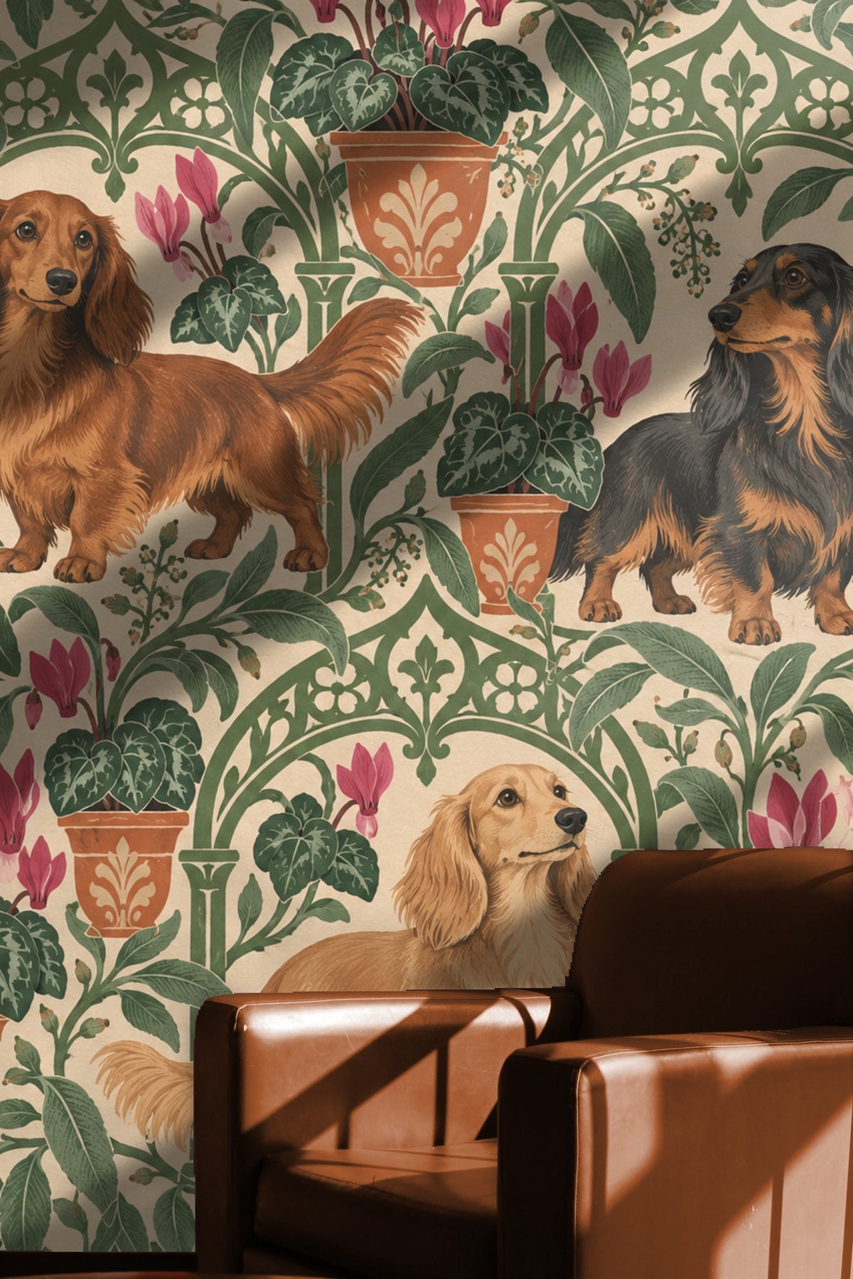 Plant pots with classical ornamental motifs within the wallpaper