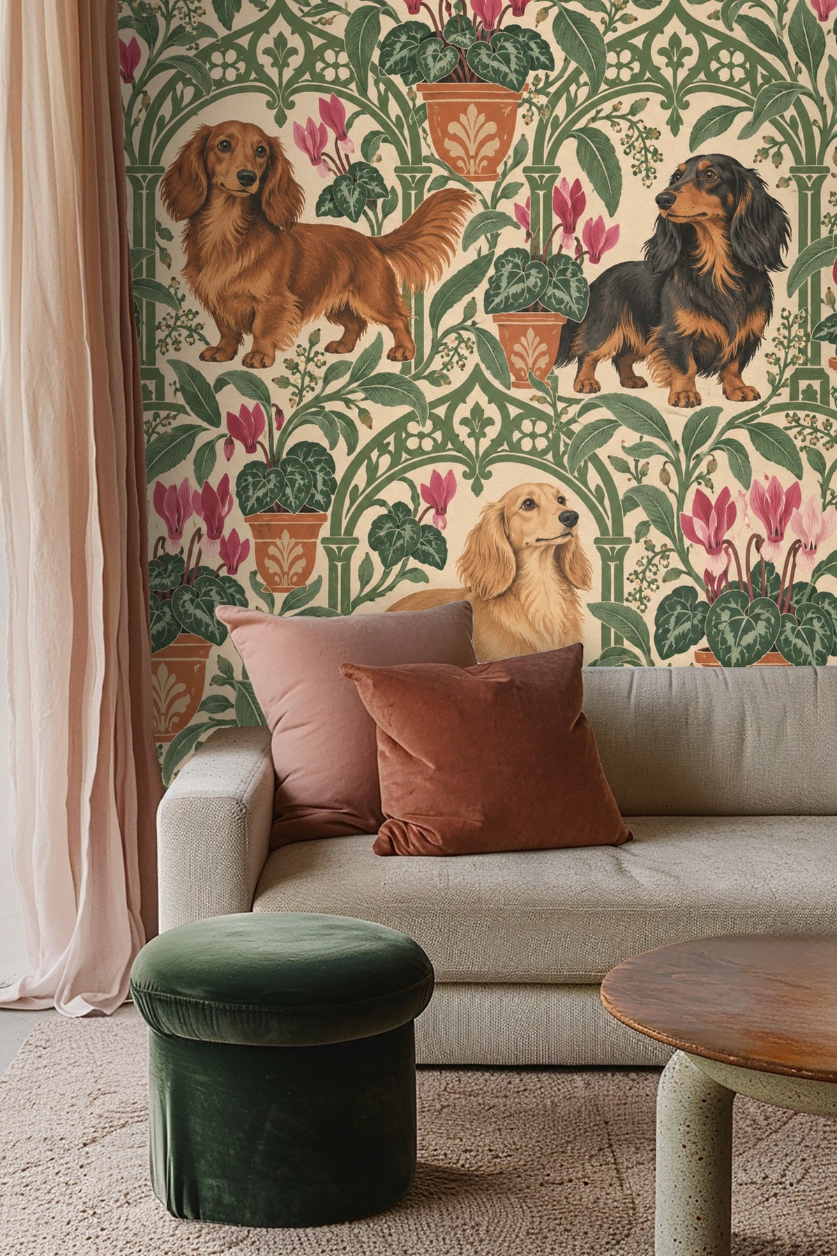 Bedroom with modern bedside lamp featuring Dachshund Arches wallpaper behind the bed