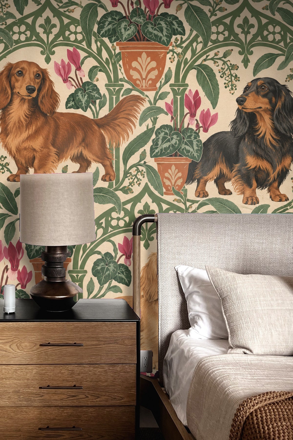 Original wallpaper artwork showing detailed dachshunds and floral trellis in green and terracotta tones