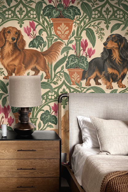 Original wallpaper artwork showing detailed dachshunds and floral trellis in green and terracotta tones