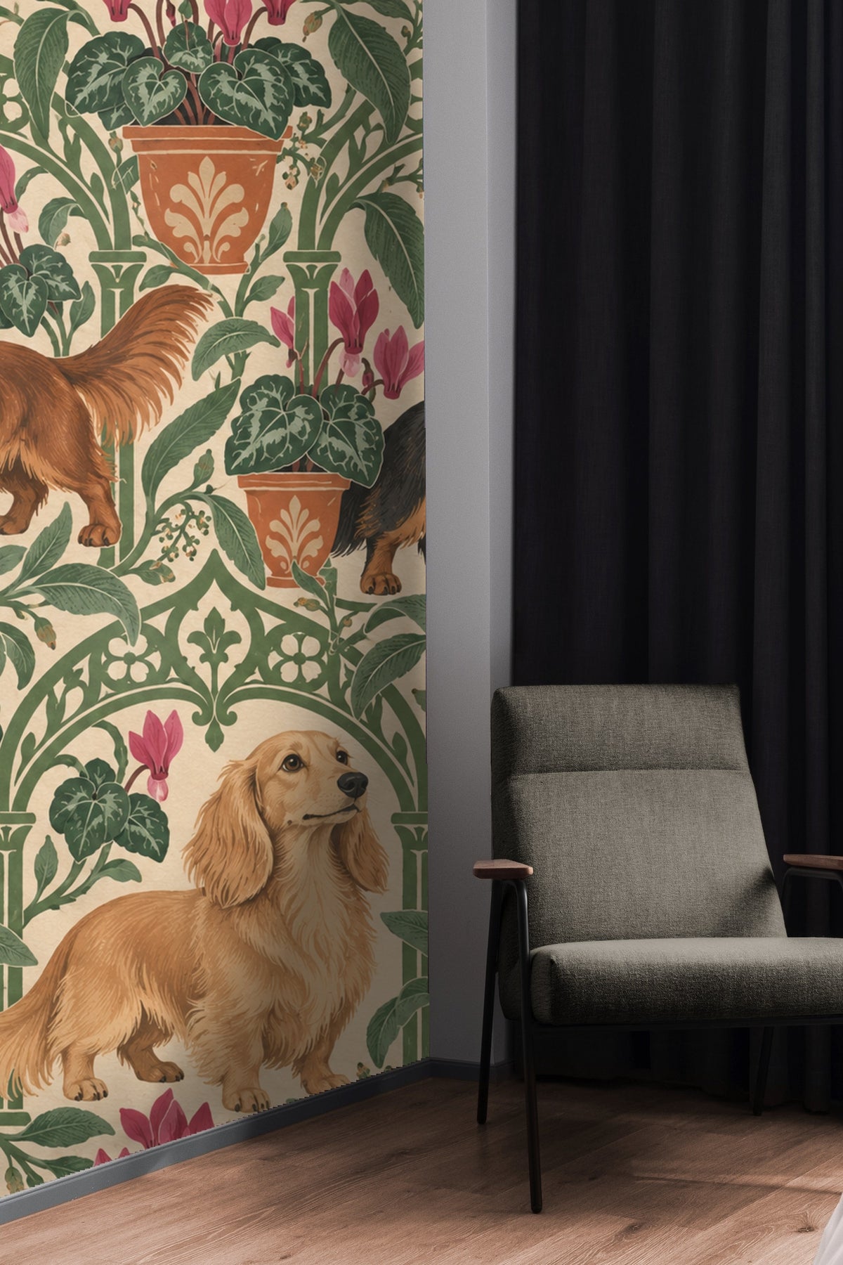 Partial view of wallpaper behind a modern light beige bed