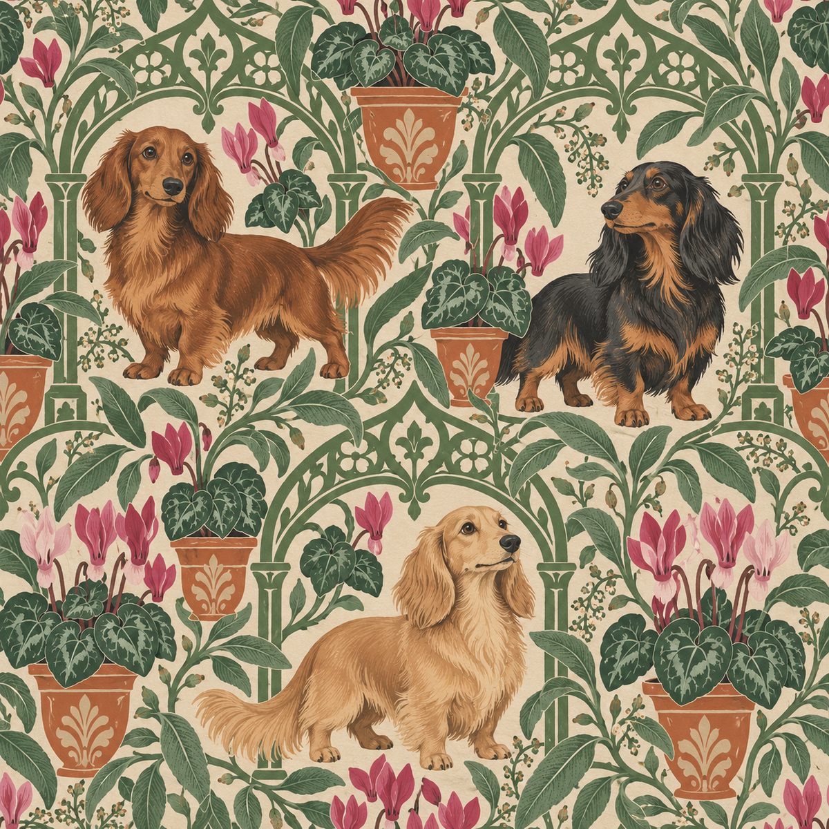 Overall wallpaper pattern with balanced botanical and canine elements