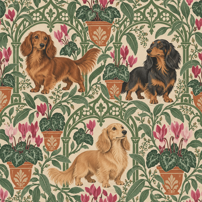 Overall wallpaper pattern with balanced botanical and canine elements