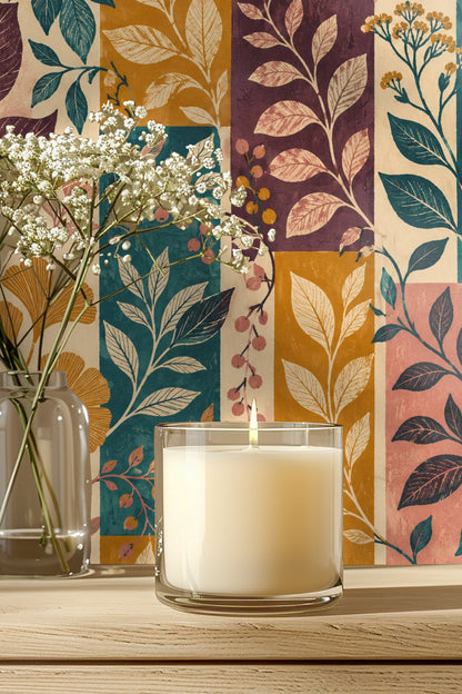 Close-up view of Orchard Block Botanicals wallpaper showing leaves and berries in amber, rose, teal, and plum blocks