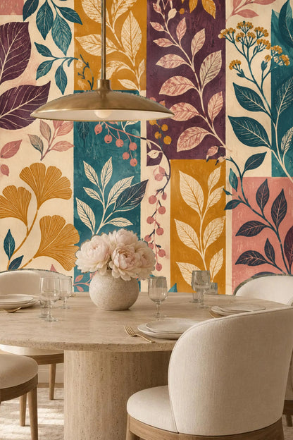 Side view of wall tiled with the wallpaper highlighting the texture and layered leaf illustrations