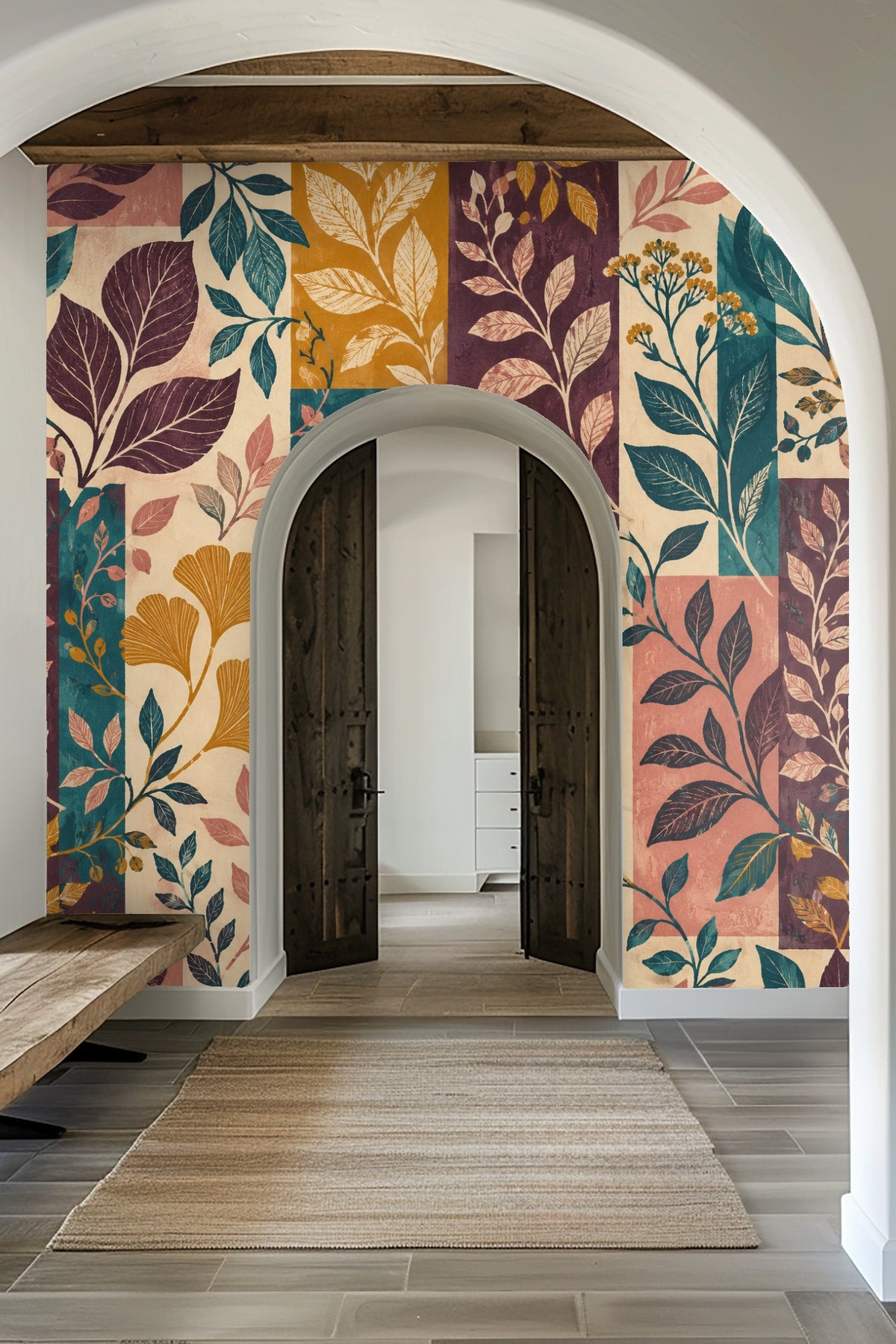 Orchard Block Botanicals wallpaper detail focusing on ginkgo and leafy botanical motifs