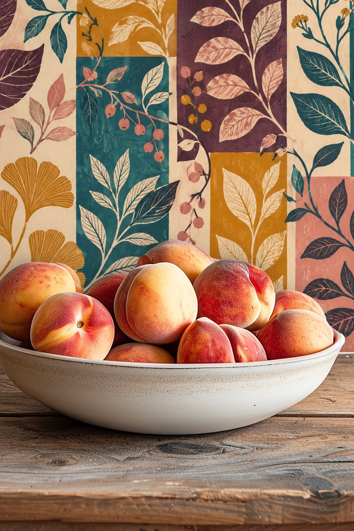 Segment of wallpaper showing detailed line work on a mustard and plum background