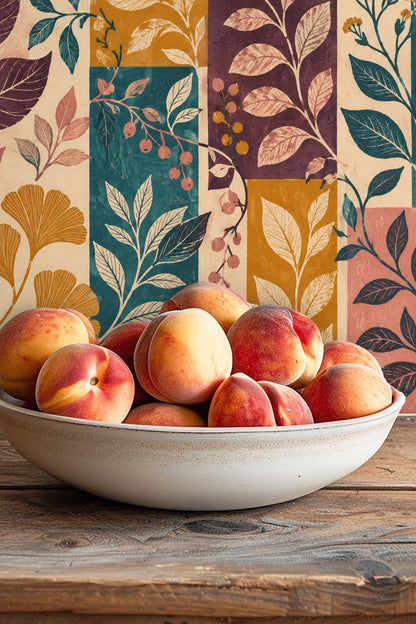 Segment of wallpaper showing detailed line work on a mustard and plum background