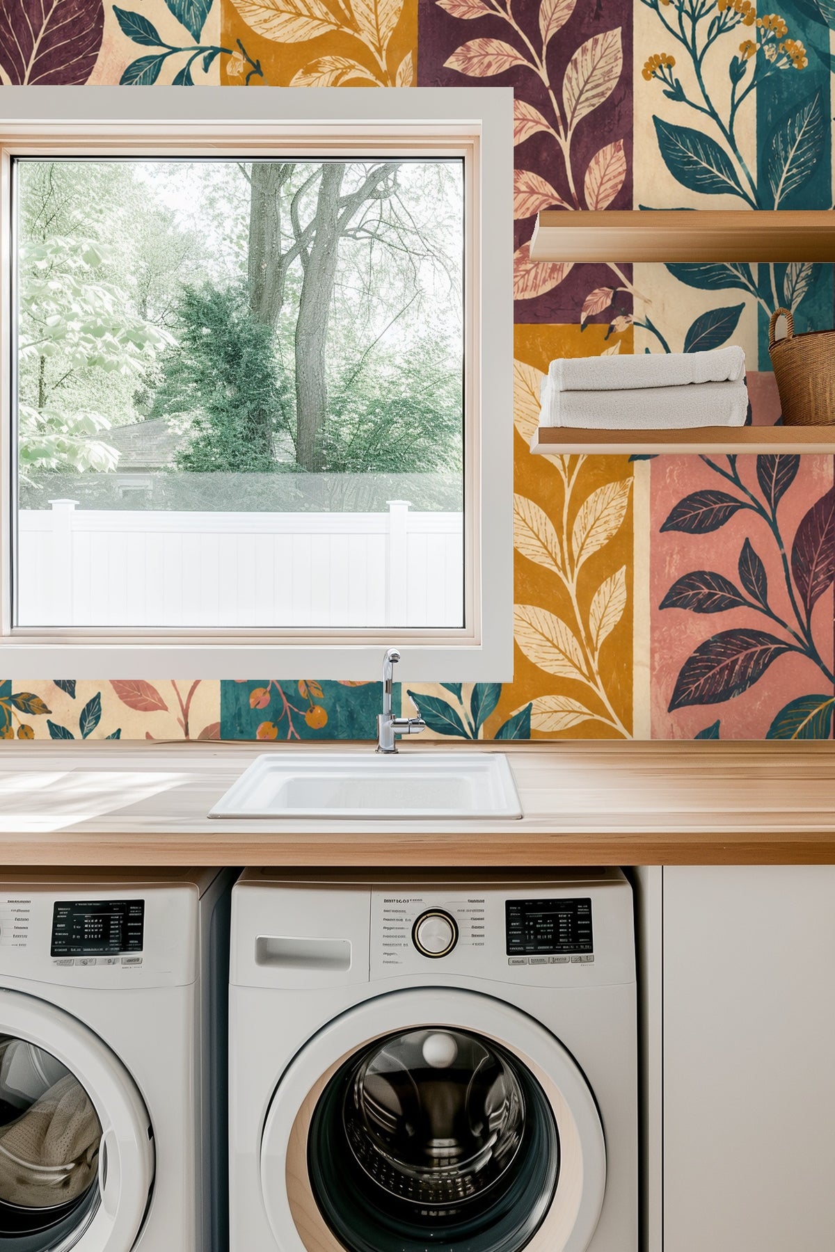 Orchard Block Botanicals wallpaper seen behind a wooden table with a clear glass vase of white flowers and a lit white candle