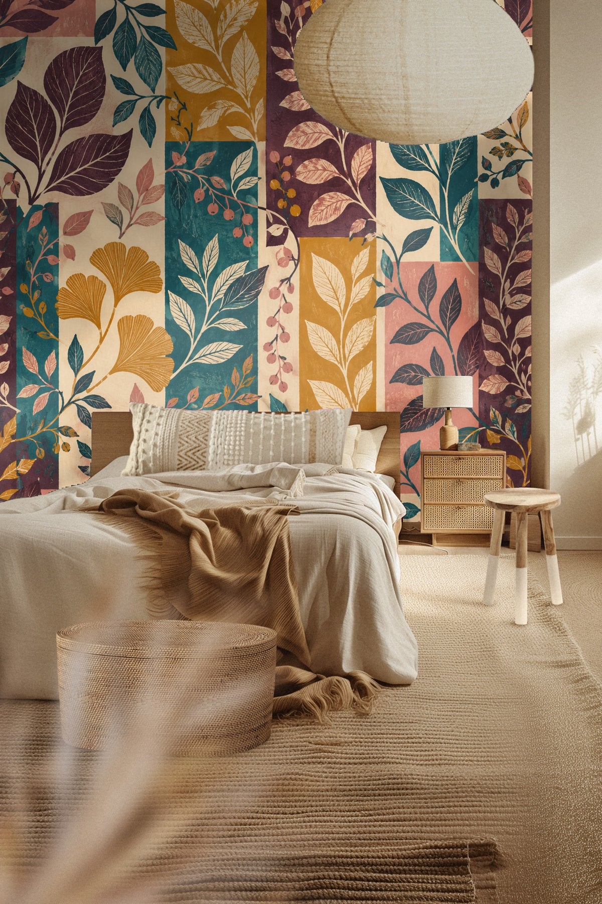 Pattern repeat showing overlapping botanical elements in warm contrasting color blocks