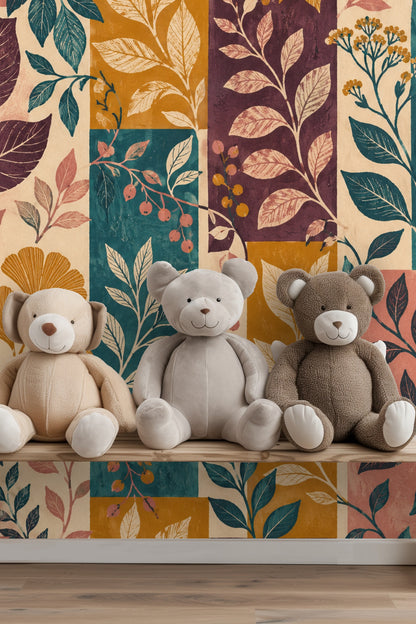 Wallpaper behind a minimalist bookshelf with small plants reflecting the botanical theme