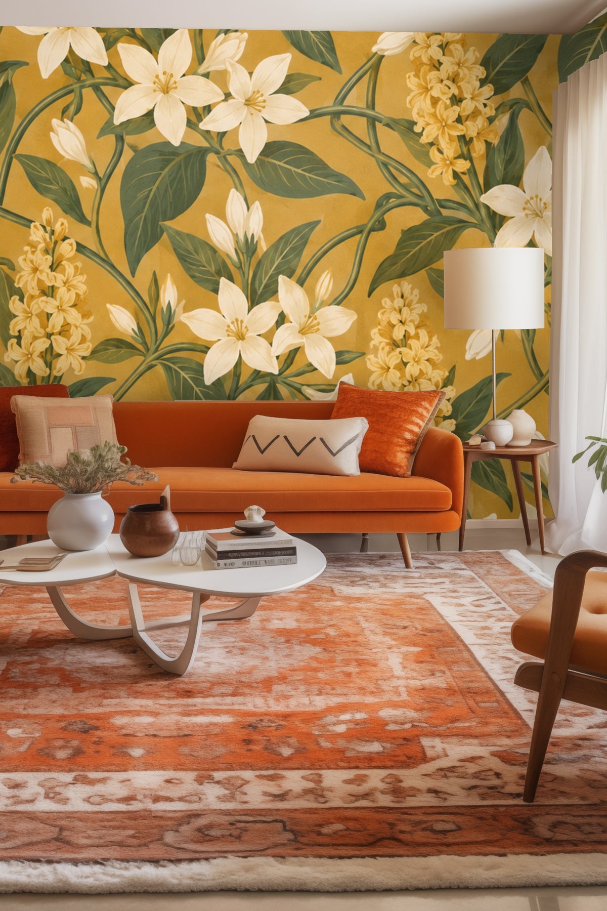 Wallpaper pattern featuring white jasmine and ochre blossoms with green leaves on mustard background