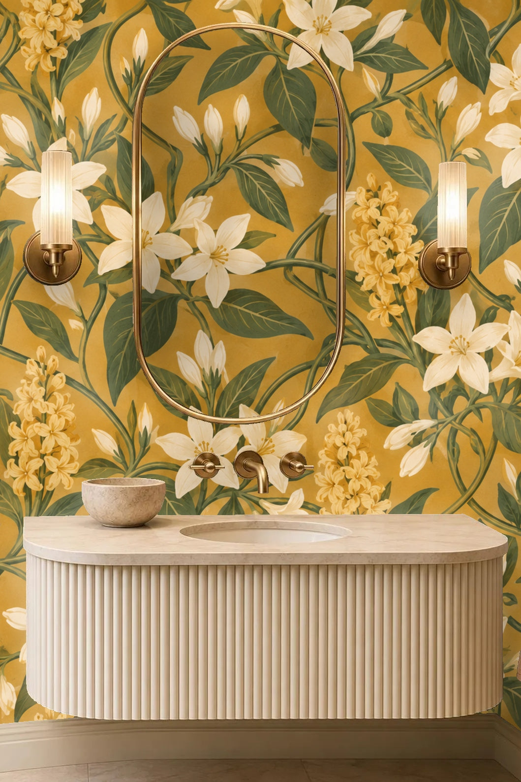 Wide view of bedroom with large scale floral wallpaper covering end wall