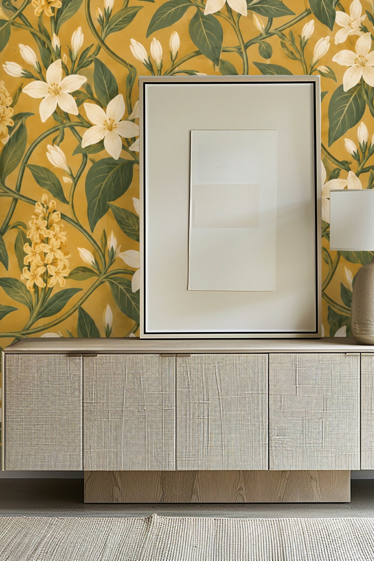 Ochre Jasmine Knots wallpaper mural on bedroom wall with natural wood floor and white bedding