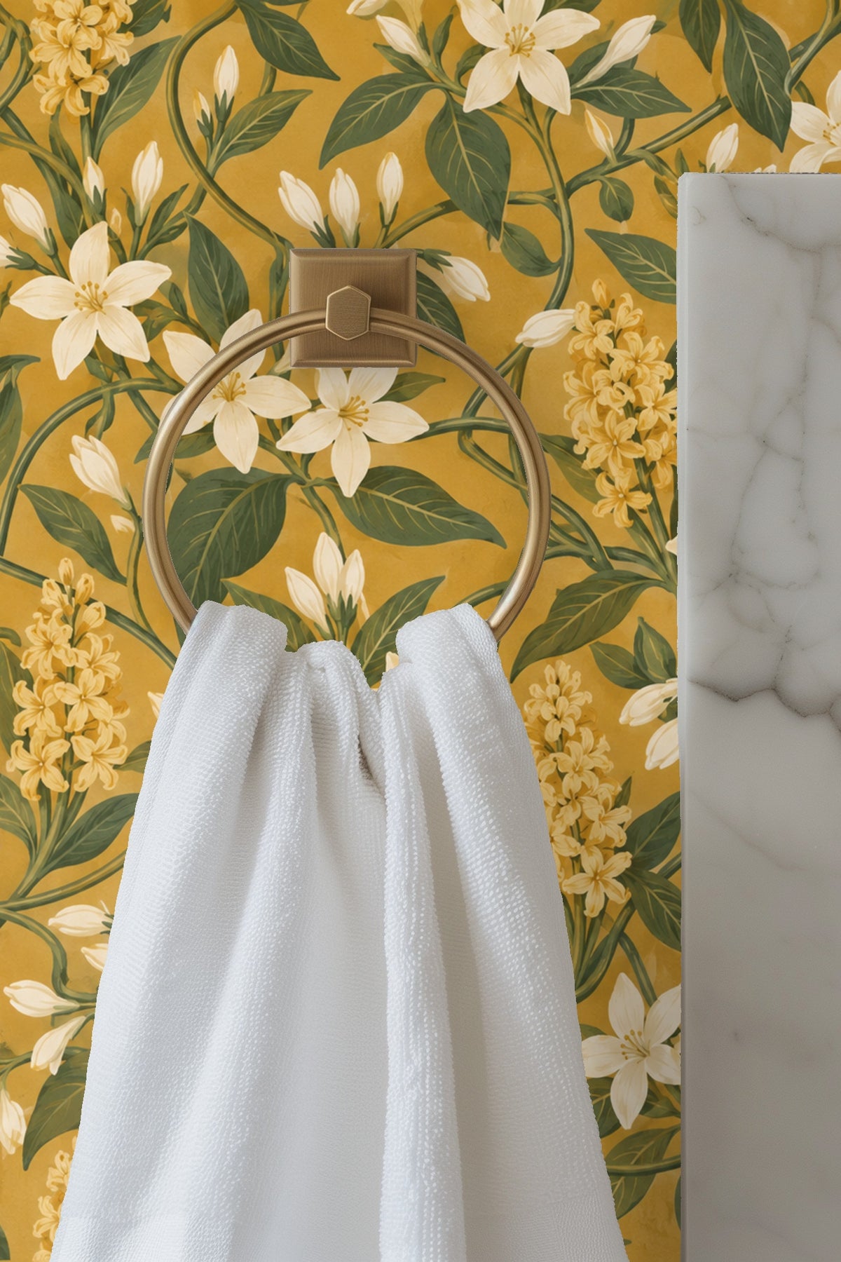 Wallpaper repeat showing intertwined jasmine vines and flowers on ochre ground