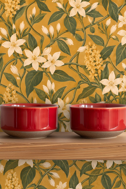 Wallpaper visible next to sheer curtains in a sunlit room