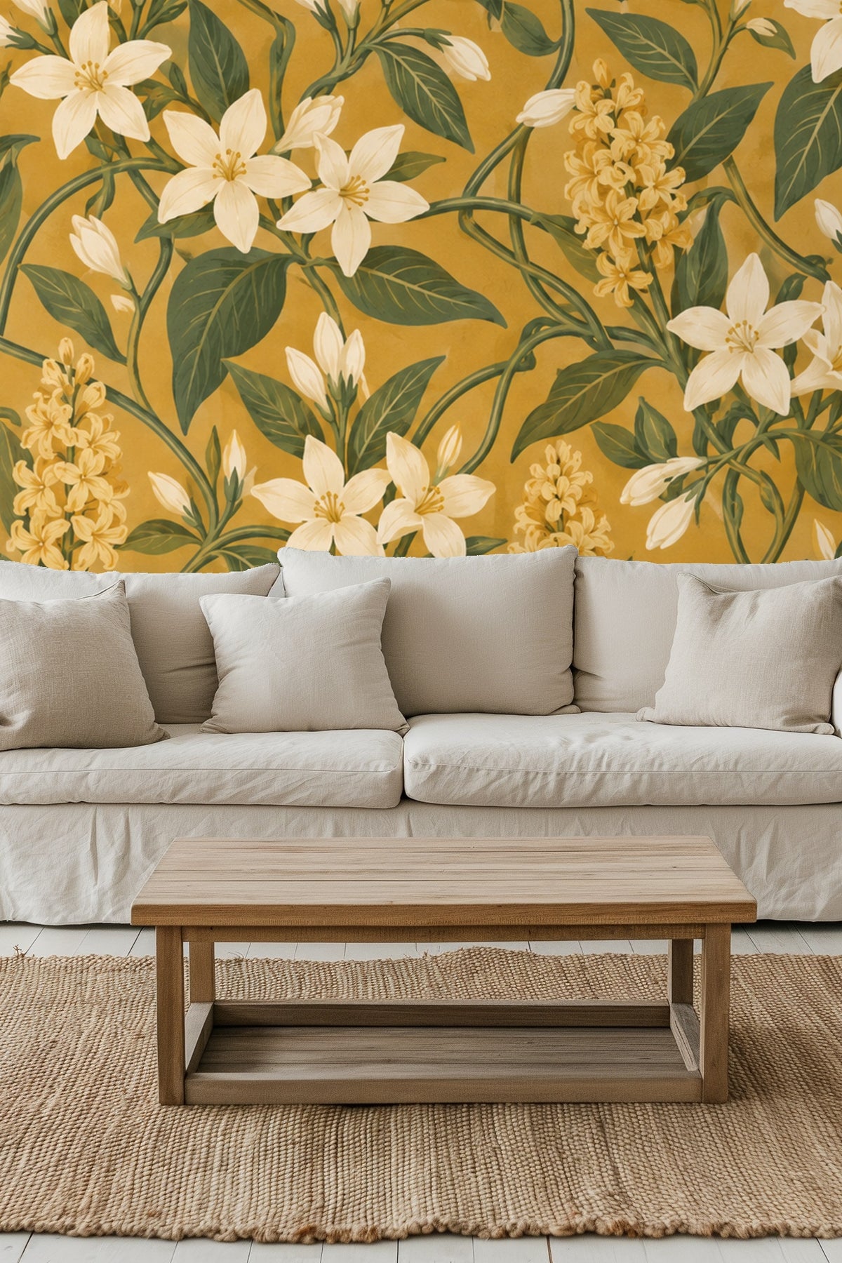 Close-up details of the jasmine flowers and leaves on Ochre Jasmine Knots wallpaper