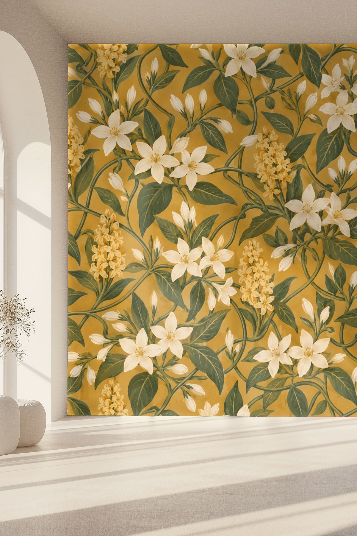 Green foliage details with subtle shading on Ochre Jasmine Knots wallpaper
