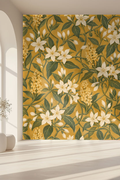 Green foliage details with subtle shading on Ochre Jasmine Knots wallpaper