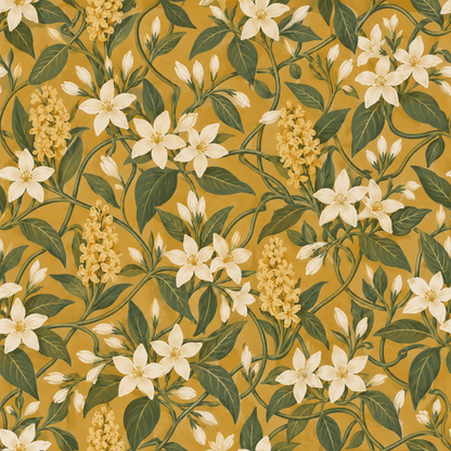 Artfully textured mustard background supporting floral composition in wallpaper