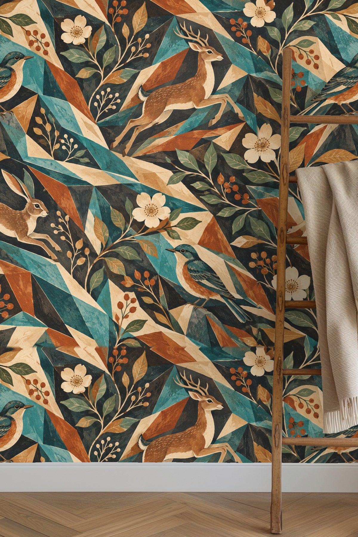 Wallpaper close-up showing leaping deer, hare, blue bird amidst geometric shards and flowers