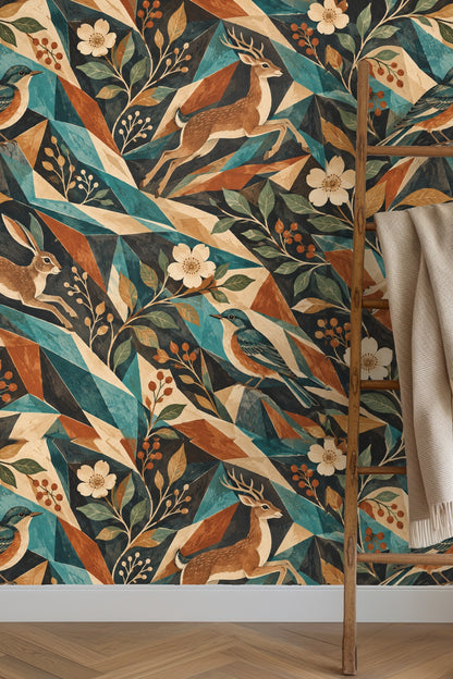 Wallpaper close-up showing leaping deer, hare, blue bird amidst geometric shards and flowers