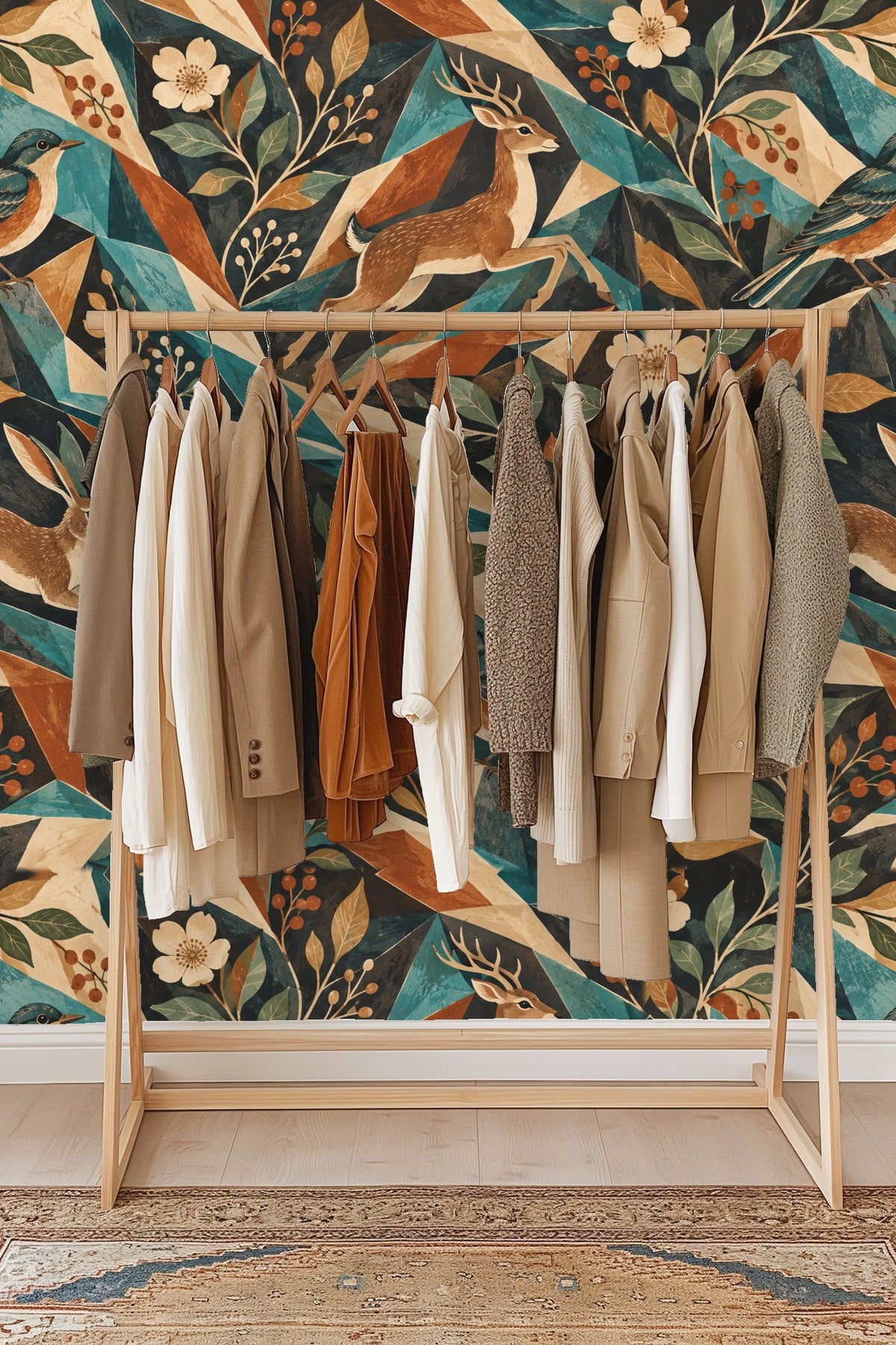 Cluster of cream flowers and orange berries on wallpaper