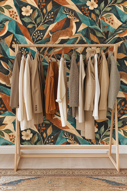 Cluster of cream flowers and orange berries on wallpaper