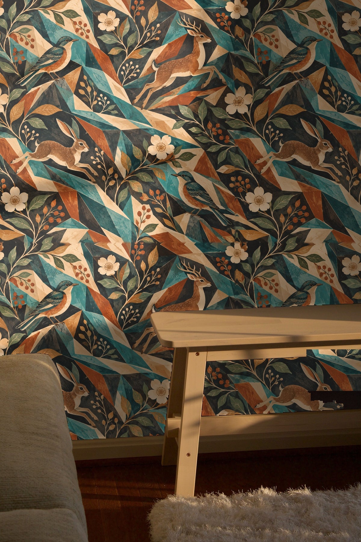 Wallpaper fragment highlighting overlapping shards in teal, bronze, and cream