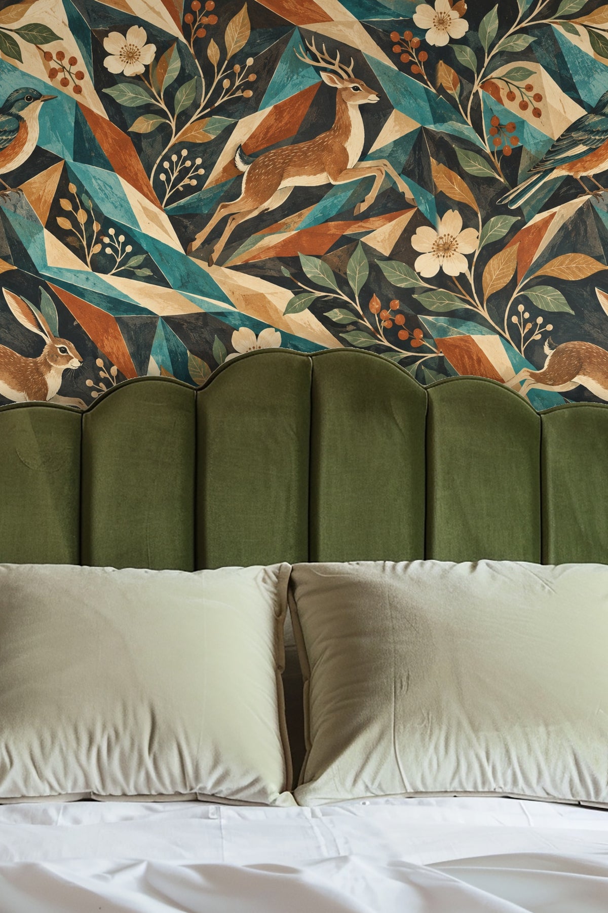 Detail of wallpaper wild hare jumping mid-pattern