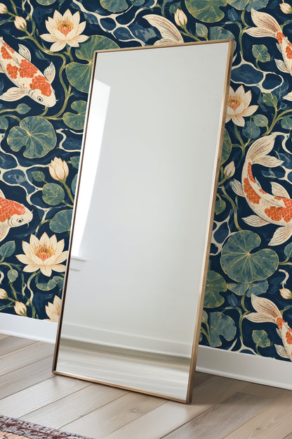 Full pattern repeat showing koi swimming amid lotus flowers and lily pads
