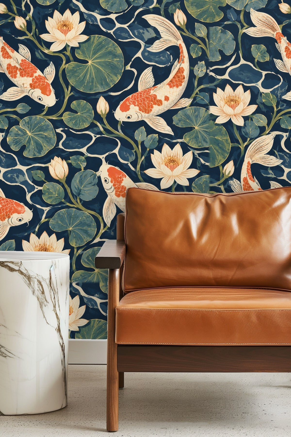 Close-up of Midnight Koi Pond wallpaper artwork showing koi and lotus detail